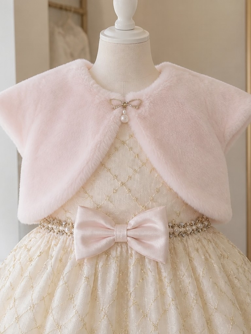 Girls' Light Pink Faux-Fur Bolero with Pearl Bow Accent